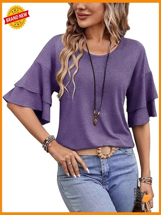 Tops - Ruffled 3/4 Bell Sleeve Crew Neck Tunic Top Loose Fit T-Shirt Blouse